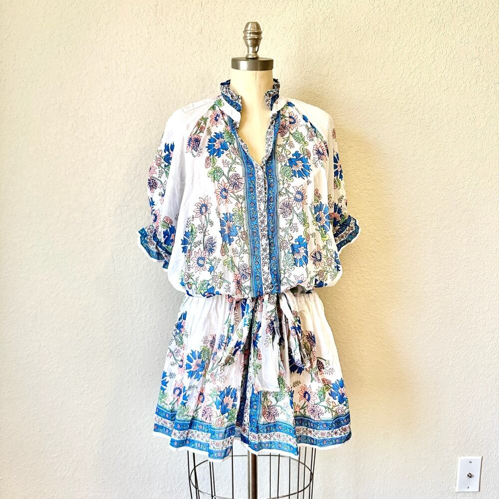 JULIET DUNN Mini Dress Womens Sz 1 US 4-6 Blue Floral Ruffled Flowy Blouson NWOT